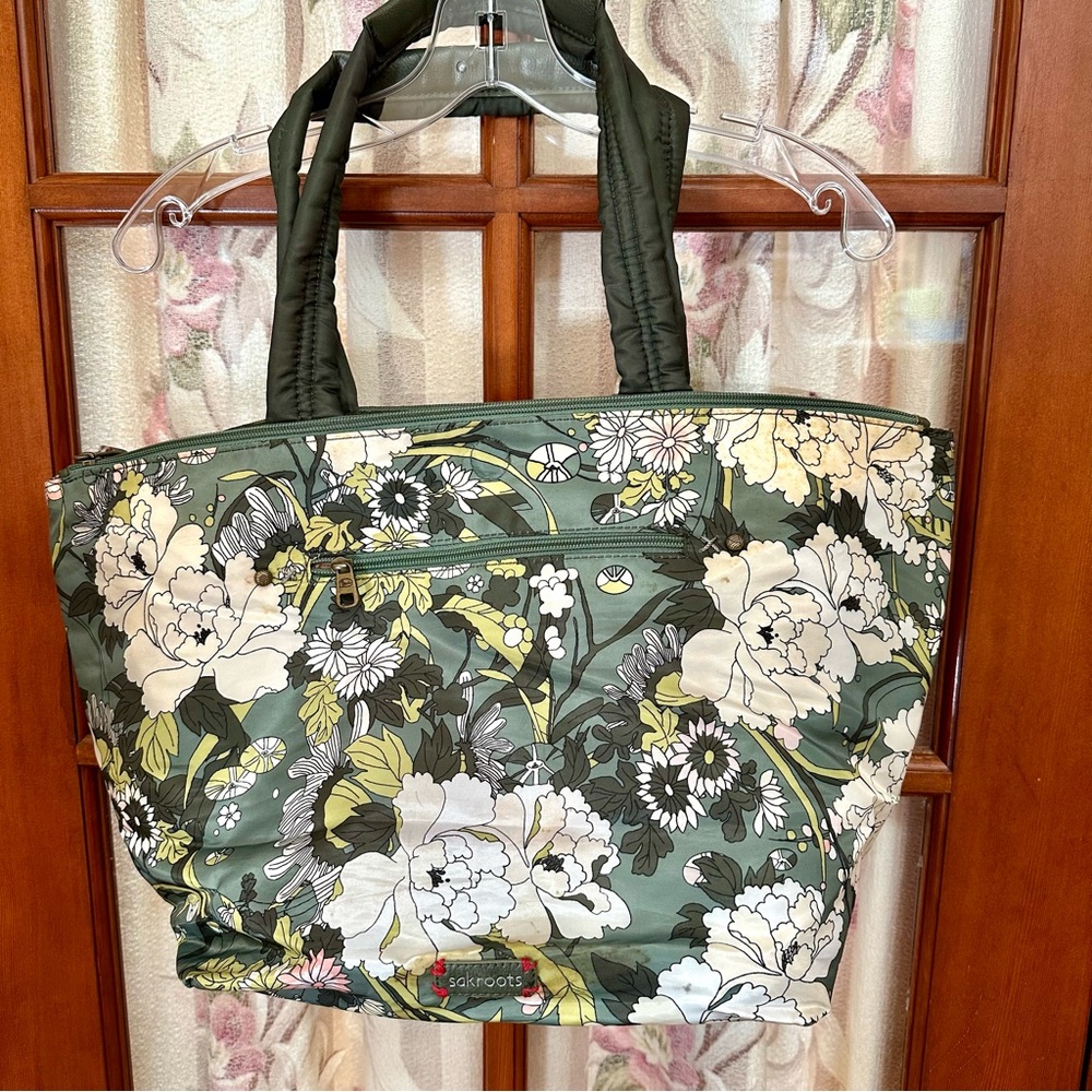 Sakroots Green Floral Tote Bag - triple compartment